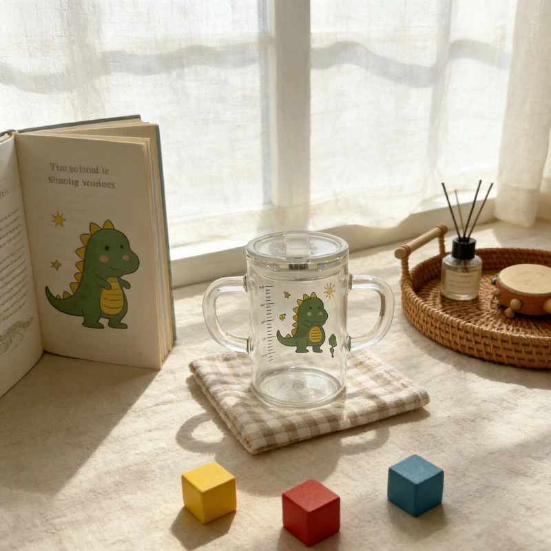 Kids Dual Handle Glass Sippy Cup With Dinosaur Print