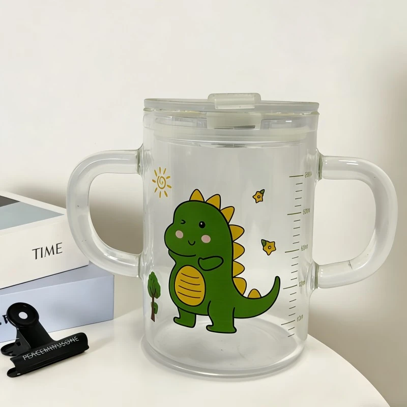 Kids Dual Handle Glass Sippy Cup With Dinosaur Print